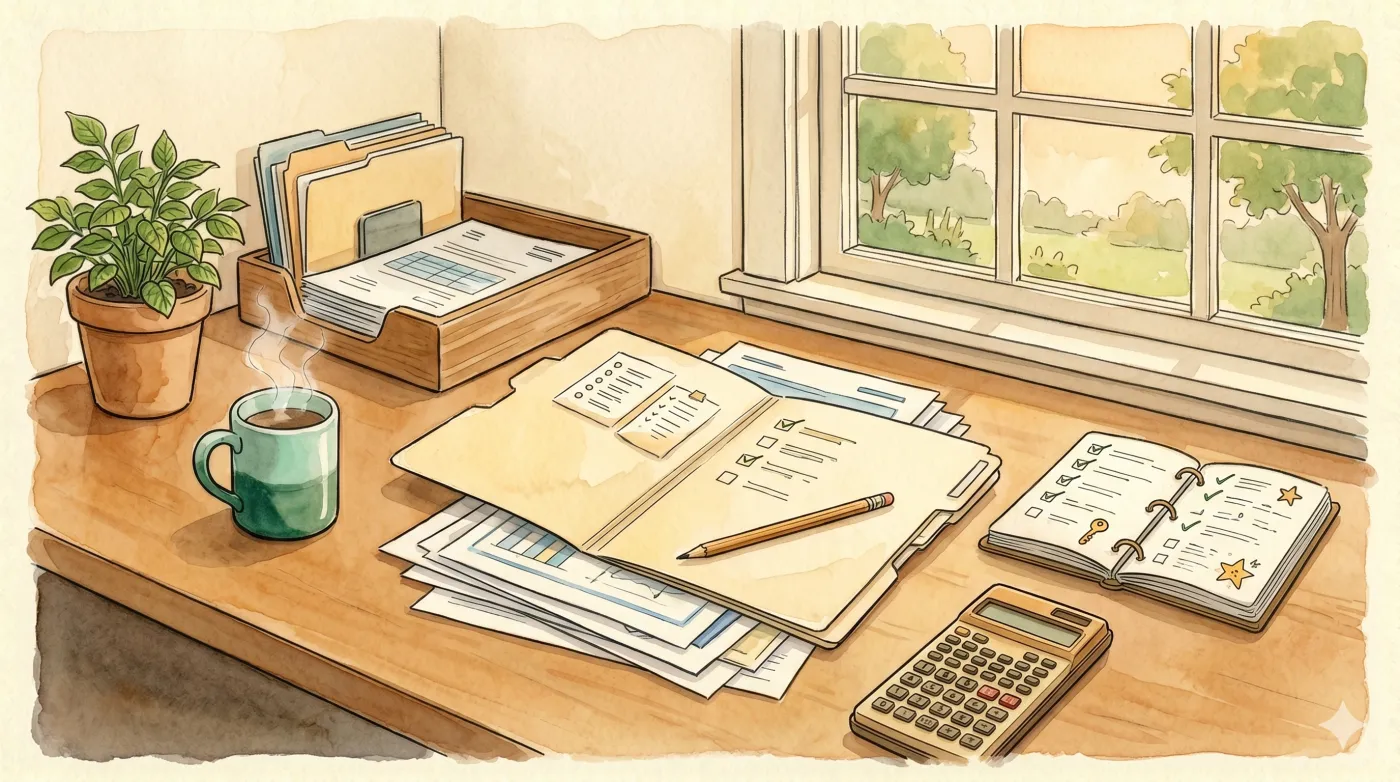 An illustrated desk with paperwork, a calculator, and a cup of tea